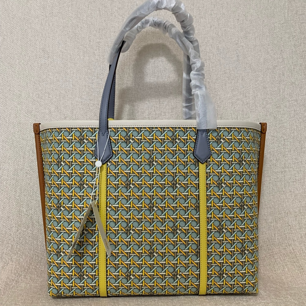 Tory Burch Perry Triple Compartment Northern Blue Basket Weave Large Tote Bag - Picture 9 of 15